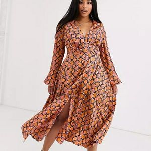 ASOS Curve Wrap Dress Orange Purple Snakeskin Bell Sleeves Plus Size 14